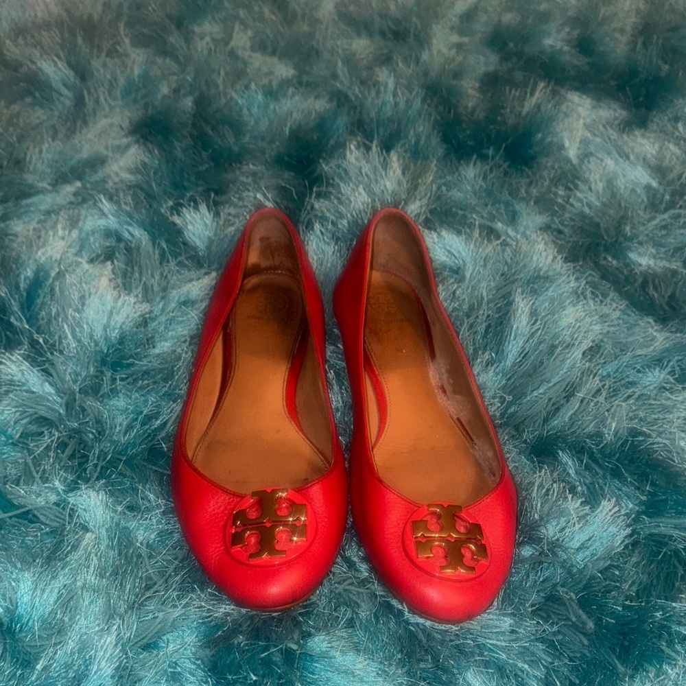 Tory Burch Red Flats with Gold Logo